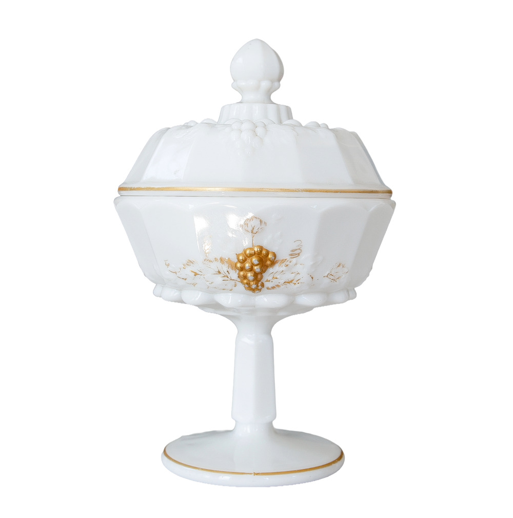 VTG Westmoreland Paneled Grape Milk Glass Lidded Candy Dish Cottage Retro MCM